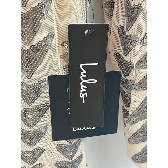 Lulus Shine On Me Nude Gunmetal Mesh Sequin Mini Dress 3/4 Sleeves Sz Large NWT - Picture 5 of 7